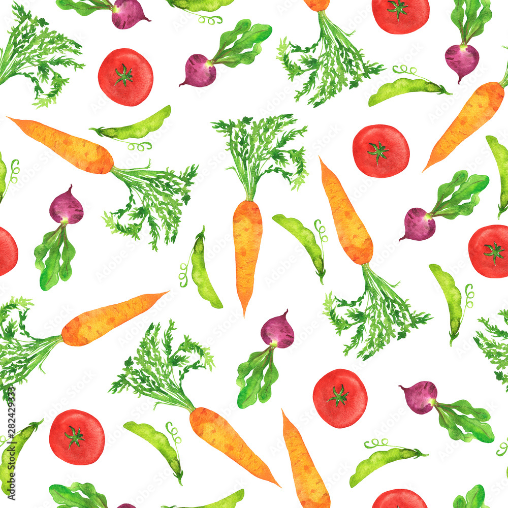 Seamless pattern with fresh carrot, beetroot, tomato and green pees on white background. Hand drawn watercolor illustration. Seamless pattern with fresh carrot, beetroot, tomato and green pees on white background. Hand drawn watercolor illustration.