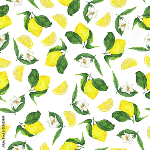 Seamless pattern with yellow fresh lemon branches and white flowers on white background. Hand drawn watercolor illustration.