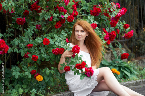 Beautiful redhead girl with bare feet wearing in a white stylish dress sitting on background of blooming roses and holding a branch with a roses.