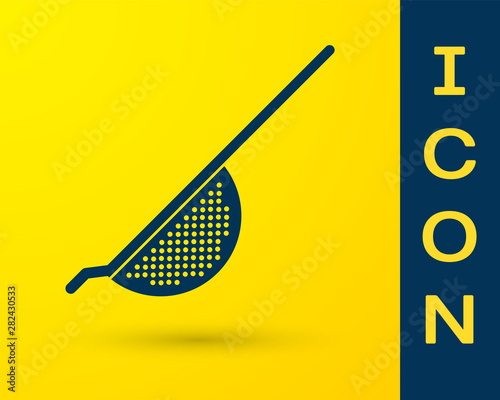 Blue Kitchen colander icon isolated on yellow background. Cooking utensil. Cutlery sign. Vector Illustration