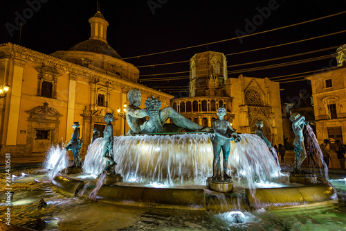 Turia Fountain on Square of the Virgin Saint Mary, Valencia, Spain. photo