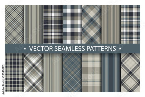 Set plaid pattern seamless. Tartan patterns fabric texture. Checkered geometric vector background. Scottish stripe blanket backdrop