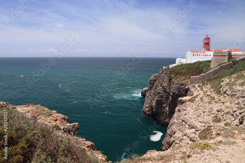 Portugal - West Atlantic coast of Algarve region. Cape St Vincent (Cabo Sao Vicente) lighthouse.