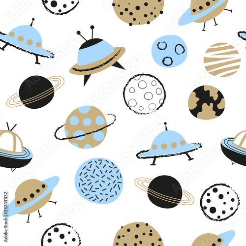 Seamless space pattern for kids with cartoon planets and UFO.