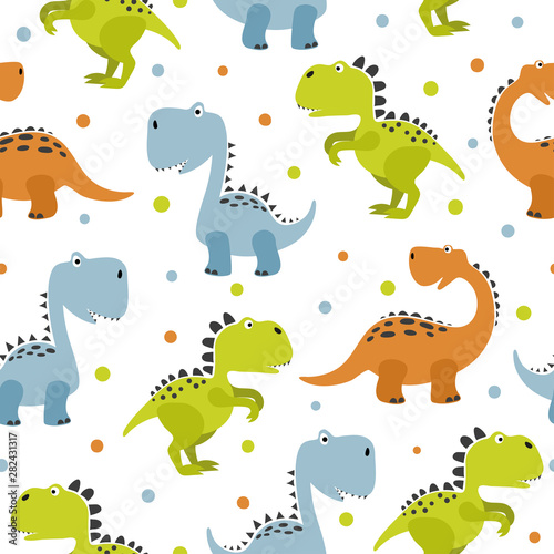 Fototapeta Naklejka Na Ścianę i Meble -  Seamless cute cartoon dinosaurs pattern. Vector colorful dino background