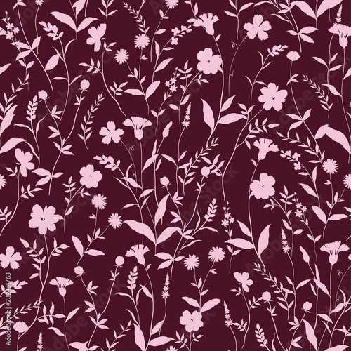 Fototapeta Naklejka Na Ścianę i Meble -  vector seamless minimalistic floral silhouettes pattern. Romantic delicate background design with wild flowers. 