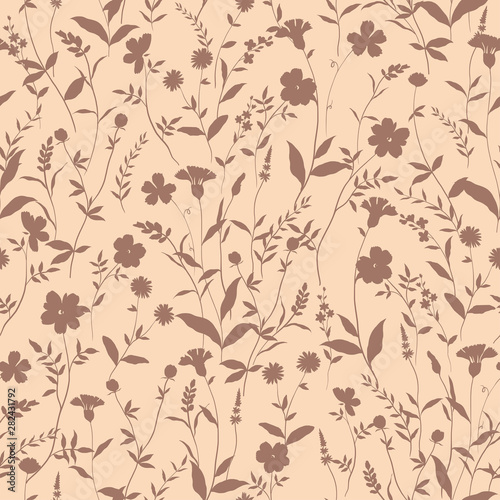 vector seamless minimalistic floral silhouettes pattern. Romantic delicate background design with wild flowers.  © seninaekaterina