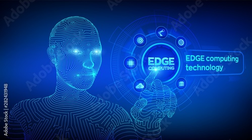 Edge computing modern IT technology on virtual screen concept. Edge computing industry 4.0 concept. Internet of things. Wireframed cyborg hand touching digital interface. Vector illustration.