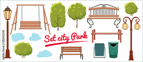 Set elements for city park. Tree, trash can, lantern, teeter, and benches in flat style. Isolated on white background Vector illustration.