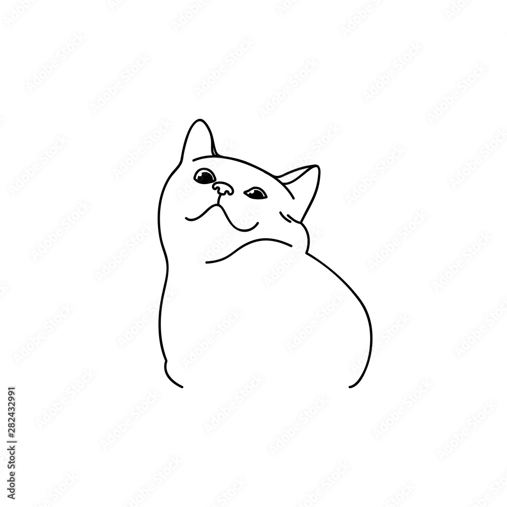 Muzzle of a funny cute smiling cat. Portrait of a pet with an important  look. Simple style line drawing character face, meme. Kitty Vector  illustration for ceramics, textile, logo, greeting card Stock