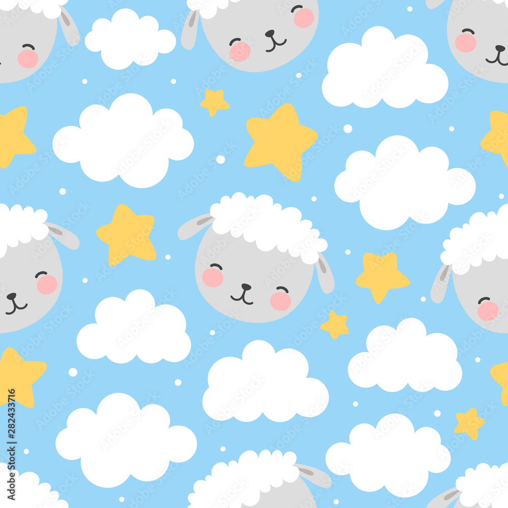 Sheep Seamless Pattern with clouds and stars, Cute Cartoon Animal Background, Illustration Vector
