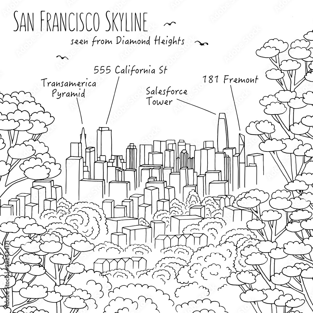 Fototapeta premium Hand drawn sketch of San Francisco's skyline seen from Diamonds Heights with the most visible skyscrapers