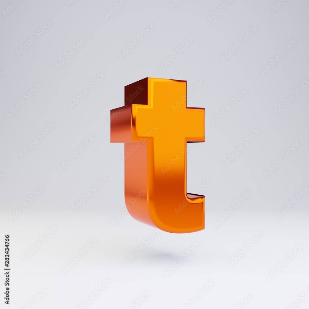 Fototapeta premium 3d letter T lowercase. Hot orange metallic font with glossy reflections and shadow isolated on white background.