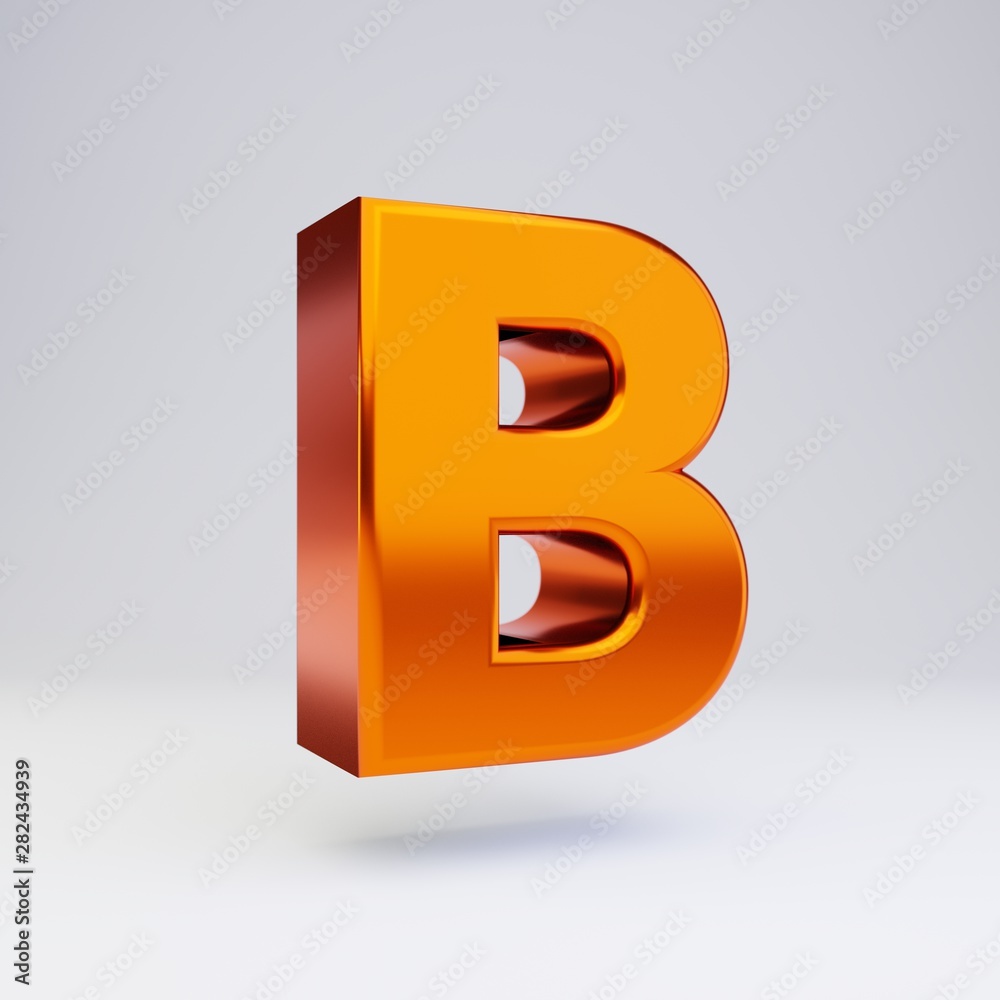 3d letter B uppercase. Hot orange metallic font with glossy reflections and shadow isolated on white background. 3d letter B uppercase. Hot orange metallic font with glossy reflections and shadow isolated on white background.