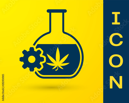 Blue Chemical test tube with marijuana or cannabis leaf icon isolated on yellow background. Research concept. Laboratory CBD oil concept. Vector Illustration