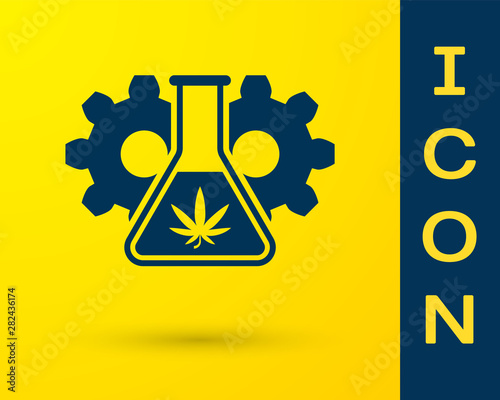 Blue Chemical test tube with marijuana or cannabis leaf icon isolated on yellow background. Research concept. Laboratory CBD oil concept. Vector Illustration