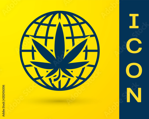 Blue Legalize marijuana or cannabis globe symbol icon isolated on yellow background. Hemp symbol. Vector Illustration