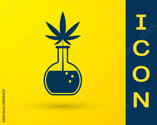 Blue Chemical test tube with marijuana or cannabis leaf icon isolated on yellow background. Research concept. Laboratory CBD oil concept. Vector Illustration