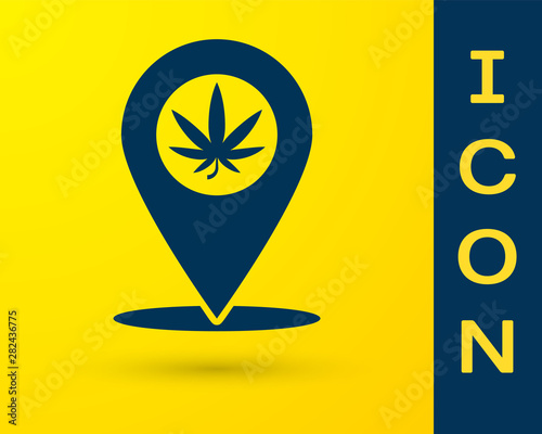 Blue Map pointer and marijuana or cannabis leaf icon isolated on yellow background. Hemp symbol. Vector Illustration