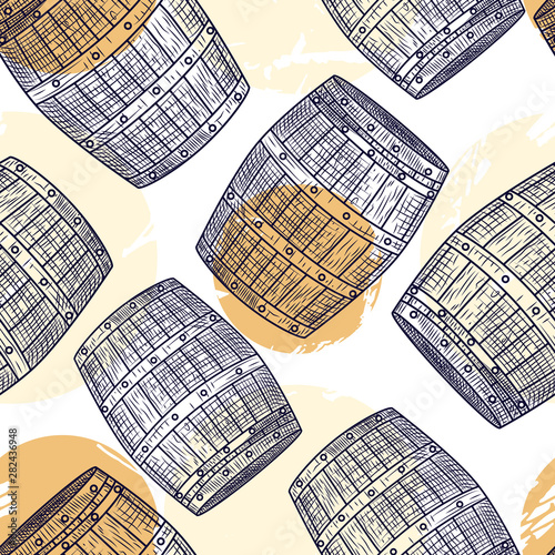 Wood barrel seamless pattern. Engraving style. Alcohol Wrapping paper.