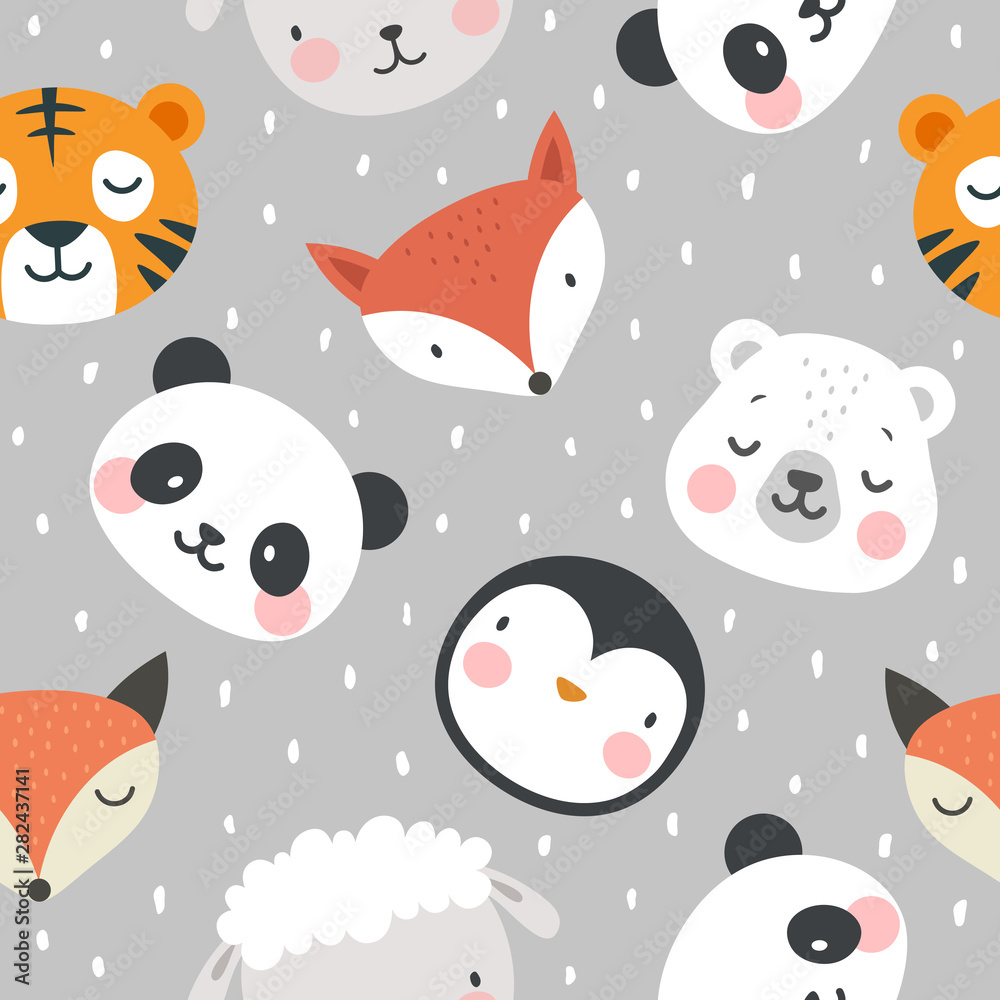 panda bear fox tiger sheep and penguin seamless pattern background, vector illustration, animal cartoon pattern panda bear fox tiger sheep and penguin seamless pattern background, vector illustration, animal cartoon pattern