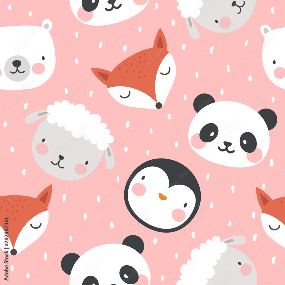 panda bear fox tiger sheep and penguin seamless pattern background, vector illustration, animal cartoon pattern