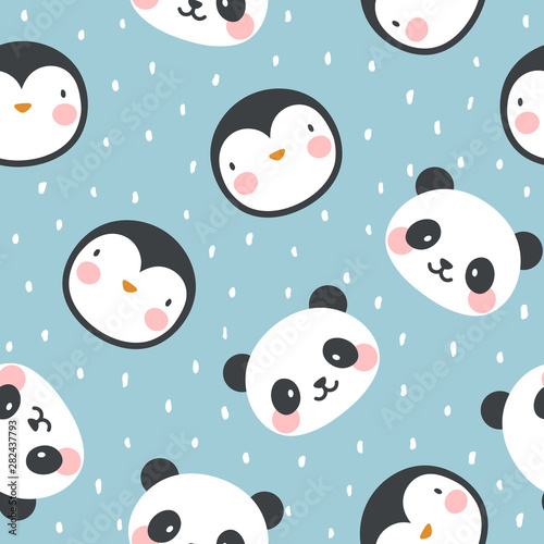 panda bear fox tiger sheep and penguin seamless pattern background, vector illustration, animal cartoon pattern