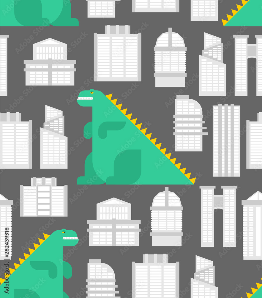 Dinosaur in city pattern seamless. Dino in town background . Dragon and buildings texture. cartoon ornament vector illustration