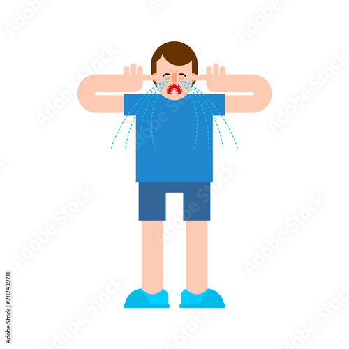 Boy crying and plugged his ears. Baby is offended