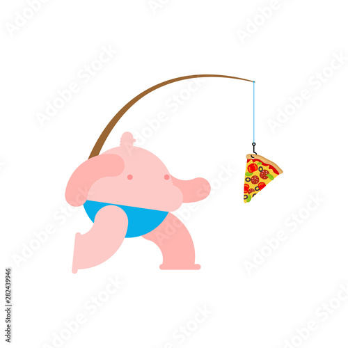 Fat man run for pizza. fast food on fishing rod