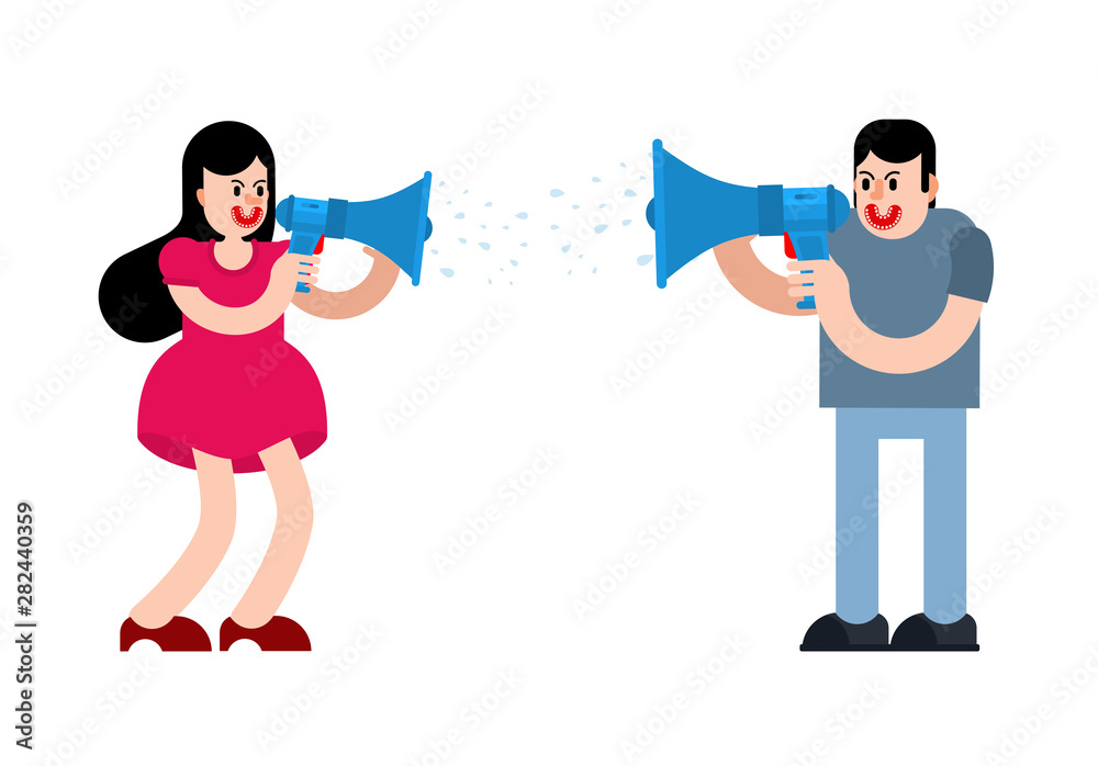 Couple screaming through megaphone. Man and woman are arguing. guy and girl scream and swear. Quarrel vector illustration Couple screaming through megaphone. Man and woman are arguing. guy and girl scream and swear. Quarrel vector illustration