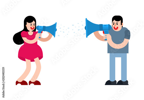 Couple screaming through megaphone. Man and woman are arguing. guy and girl scream and swear. Quarrel vector illustration