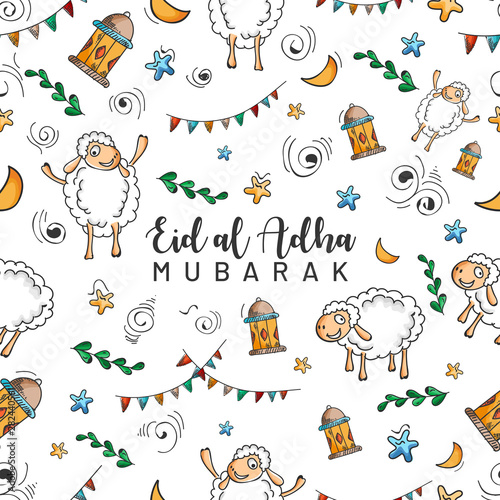 Eid al adha seamless pattern doodle art concept on festival of sacrifice. islamic festival kurban bayrami. 