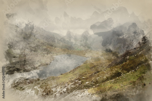 Digital watercolour painting of Landscape image of Llyn Idwal in Glyders mountain range in Snowdonia during heavy rainfall in Autumn