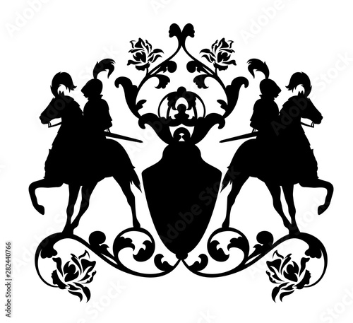 knight riding horse vintage style coat of arms - horseman black vector silhouette with floral ornate heraldic shield