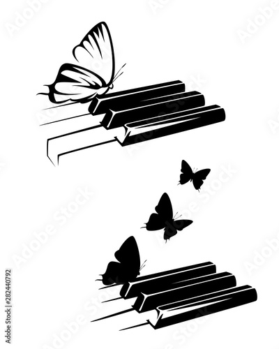 piano keys and flying butterflies - classical music concept black and white vector design