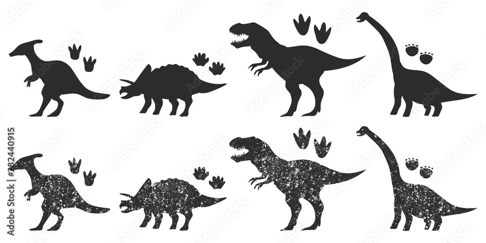 Dinosaurs and footprints black silhouette vector set isolated on a white background.