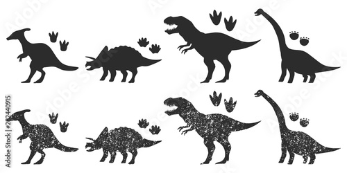 Dinosaurs and footprints black silhouette vector set isolated on a white background.