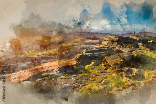 Digital watercolour painting of Hikers in Peak District during Autumn sunset.