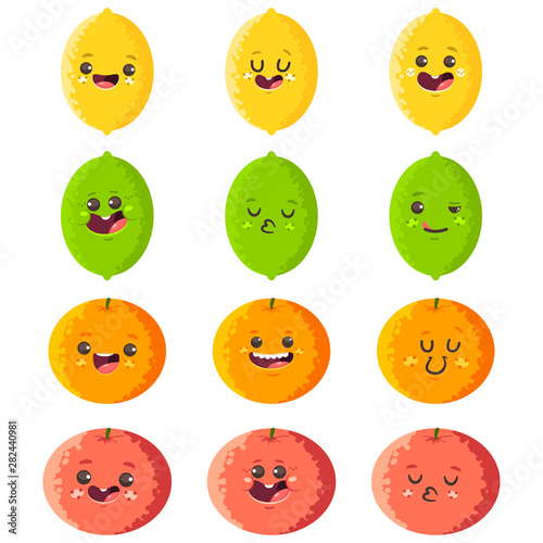 Cute lemon, lime, orange and grapefruit vector cartoon characters set isolated on a white background.