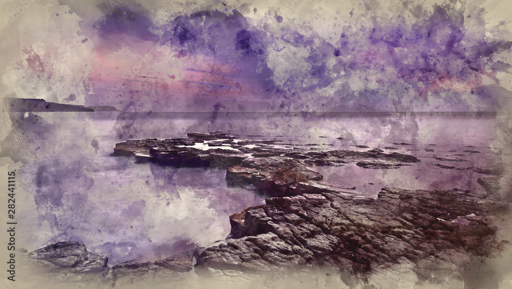 Digital watercolour painting of Beautiful toned seascape landscape of rocky shore at sunset