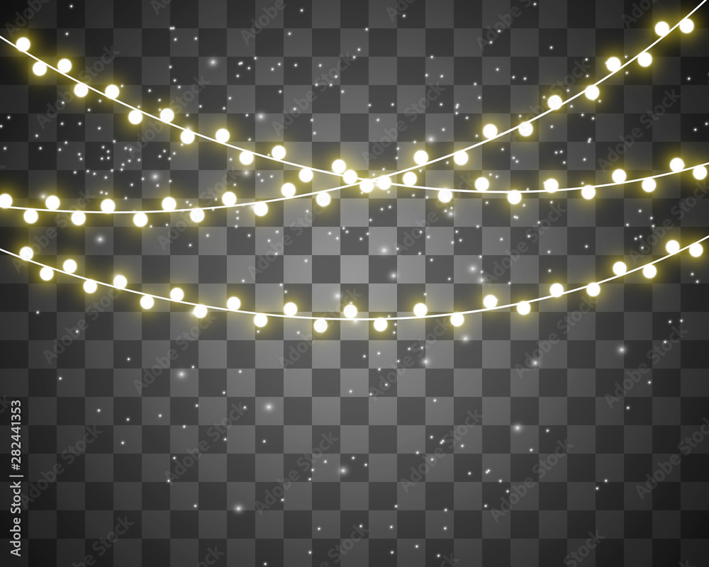 Christmas bright, beautiful lights, design elements. Glowing lights for design of Xmas greeting cards. Garlands, light Christmas decorations.