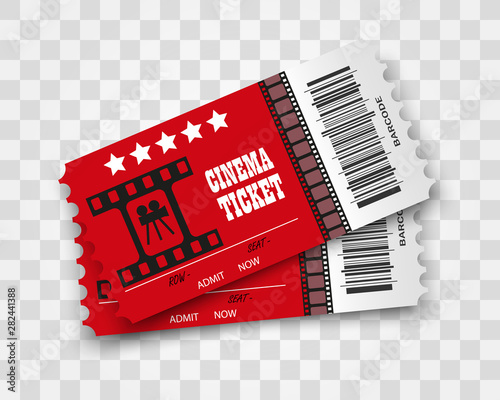 Vector cinema tickets isolated on transparent background. Realistic cinema entrance ticket.