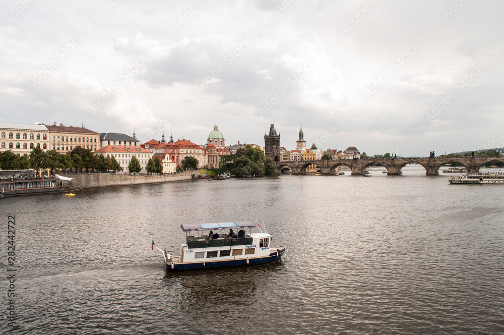 Boat on the river Prague Czech Republic retro style