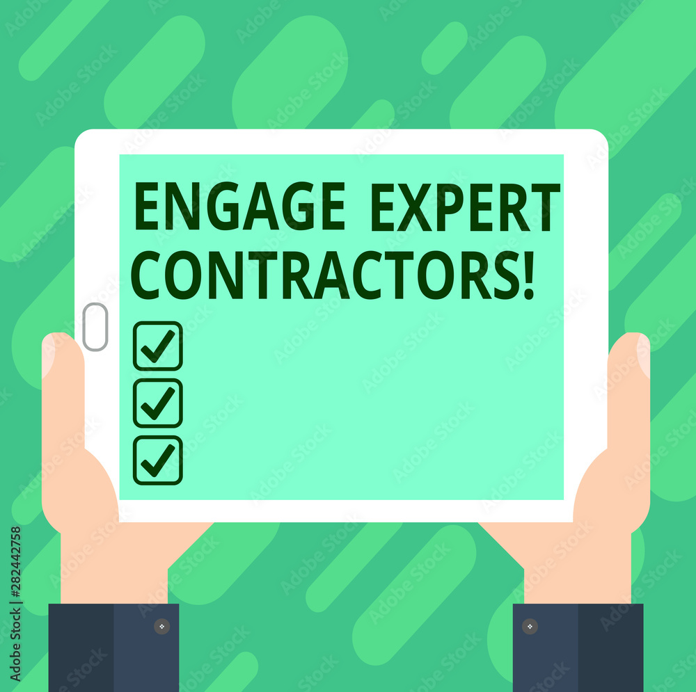 Conceptual hand writing showing Engage Expert Contractors. Business photo text Hiring skilled outworkers for a short time work Hu analysis Hand Holding Tablet Smartphone Display Unit photo