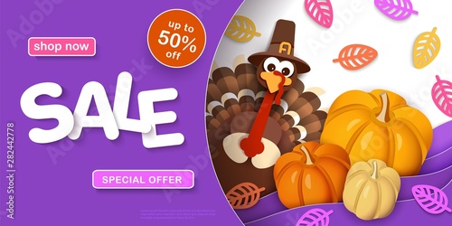 Thanksgiving  sale. Advertising banner with traditional turkey in a hat  pumpkins  autumn leaves in the style of paper cut. Layered horizontal vector background EPS10