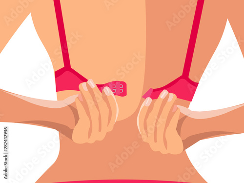 Instruction, training. Buttoning a bra behind his back with his hands. In minimalist style. Cartoon flat vector