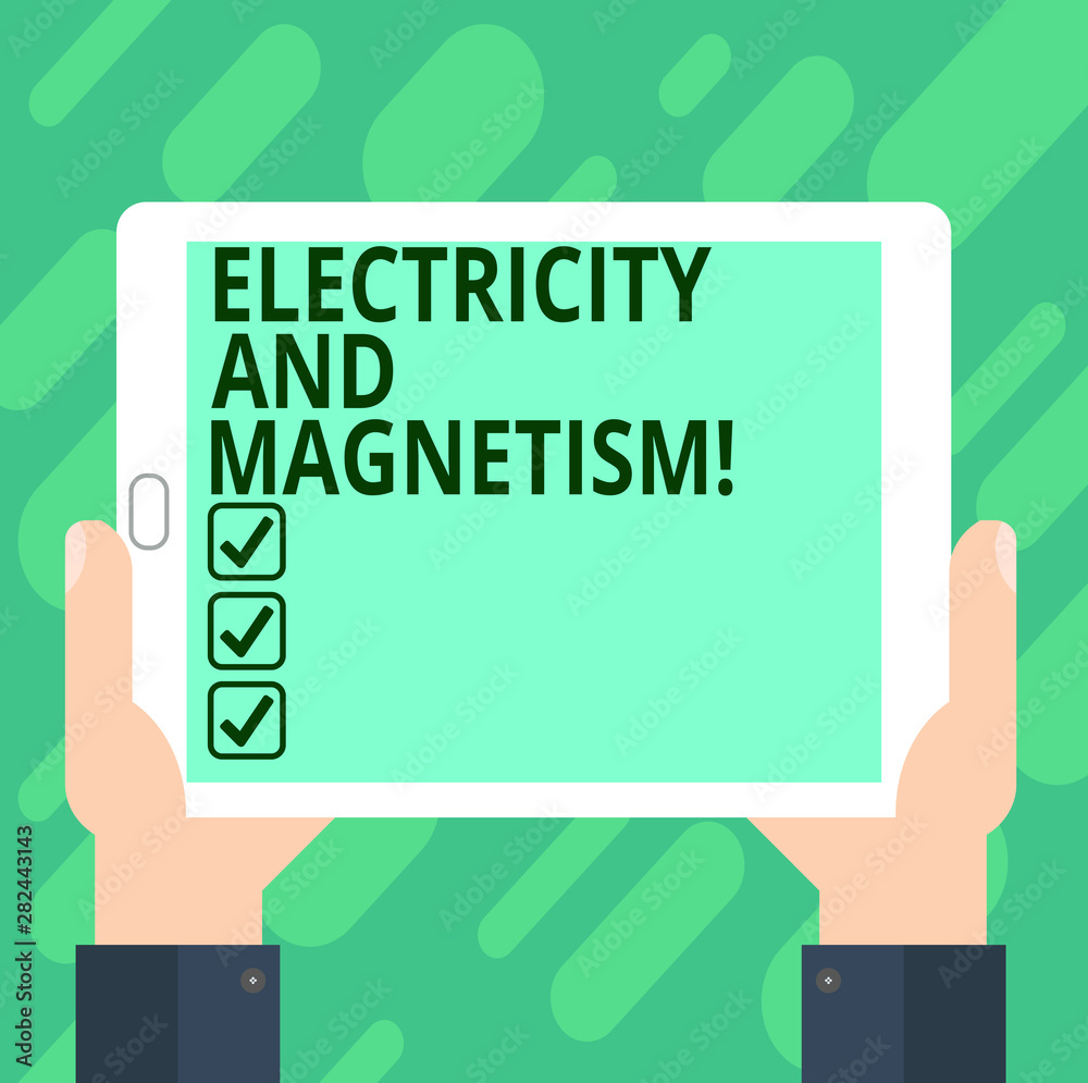 Conceptual hand writing showing Electricity And Magnetism. Business photo text Embodies a single core electromagnetic force Hu analysis Hand Holding Tablet Smartphone Display Unit photo Conceptual hand writing showing Electricity And Magnetism. Business photo text Embodies a single core electromagnetic force Hu analysis Hand Holding Tablet Smartphone Display Unit photo