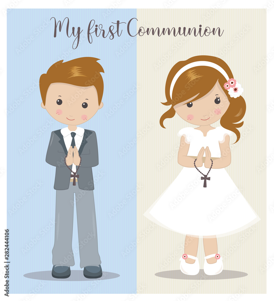 My First Communion girl and boy. Holy Communion vector My First Communion girl and boy. Holy Communion vector