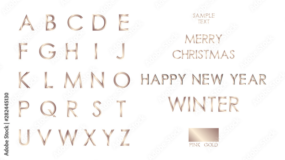 Vector Set of Pink Gold A-Z, Alphabet letters from A to Z, Stylized bold font and SAMPLE TEXT, MERRY CHRISTMAS, HAPPY NEW YEAR Vector Set of Pink Gold A-Z, Alphabet letters from A to Z, Stylized bold font and SAMPLE TEXT, MERRY CHRISTMAS, HAPPY NEW YEAR